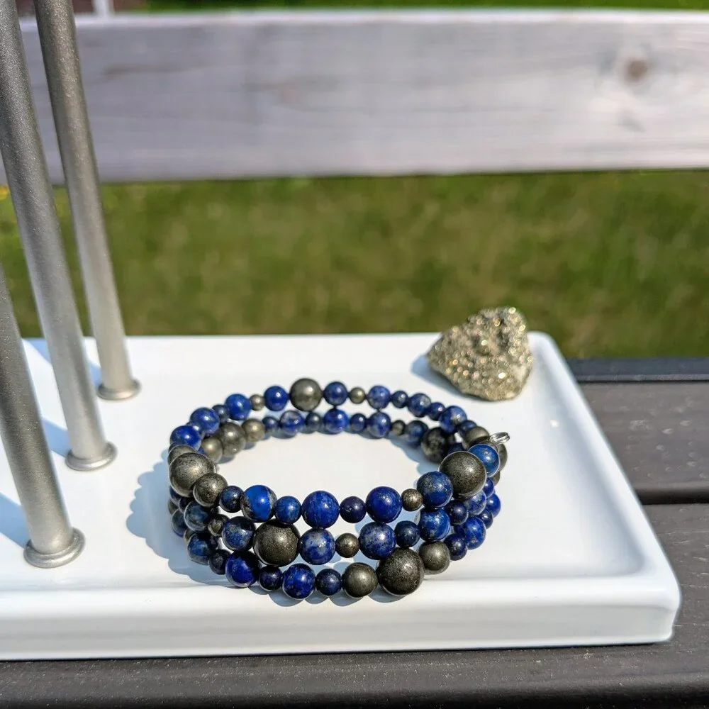 Natural Lapis Lazuli and Pyrite Memory Wire Layer Bracelet - Picture 5 of 14
